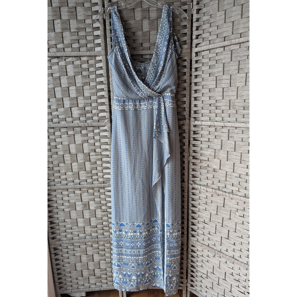 BCBGMAXAZRIA Maxi Dress Blue Grey Geometric Sleeveless Wrap Empire Waist Sz 2